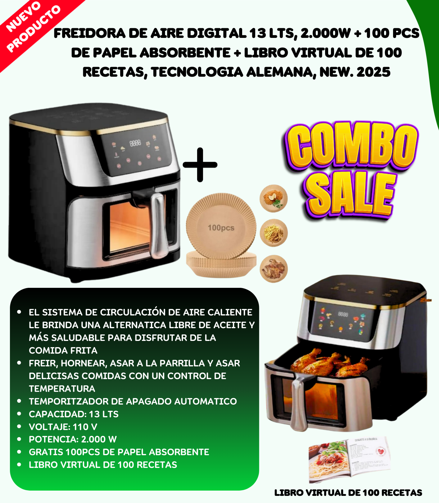 Freidora Aire 13LTS +Rece Vir+100 Papel